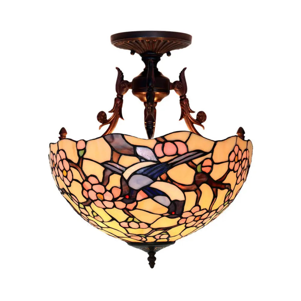 Bronze 3-Light Semi Flush Ceiling Light With Mediterranean Beige/Red/Yellow Glass Shade For Living