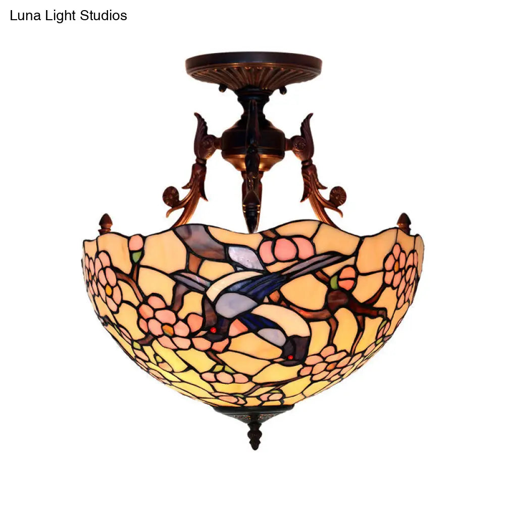 Bronze 3-Light Semi Flush Ceiling Light With Beige/Red/Yellow Mediterranean Glass Shade For Living