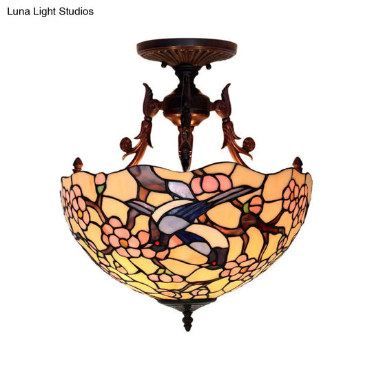 Bronze 3-Light Semi Flush Ceiling Light With Beige/Red/Yellow Mediterranean Glass Shade For Living