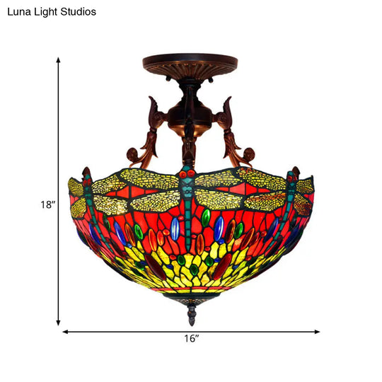 Bronze 3-Light Semi Flush Ceiling Light With Beige/Red/Yellow Mediterranean Glass Shade For Living