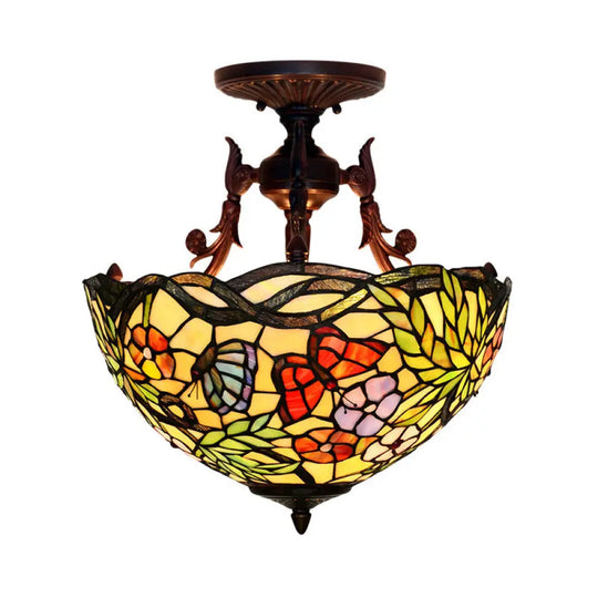 Bronze 3-Light Semi Flush Ceiling Light With Mediterranean Beige/Red/Yellow Glass Shade For Living