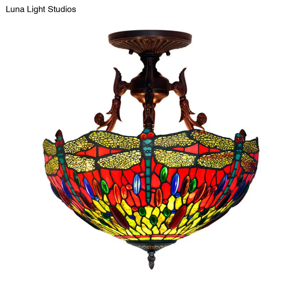 Bronze 3-Light Semi Flush Ceiling Light With Beige/Red/Yellow Mediterranean Glass Shade For Living