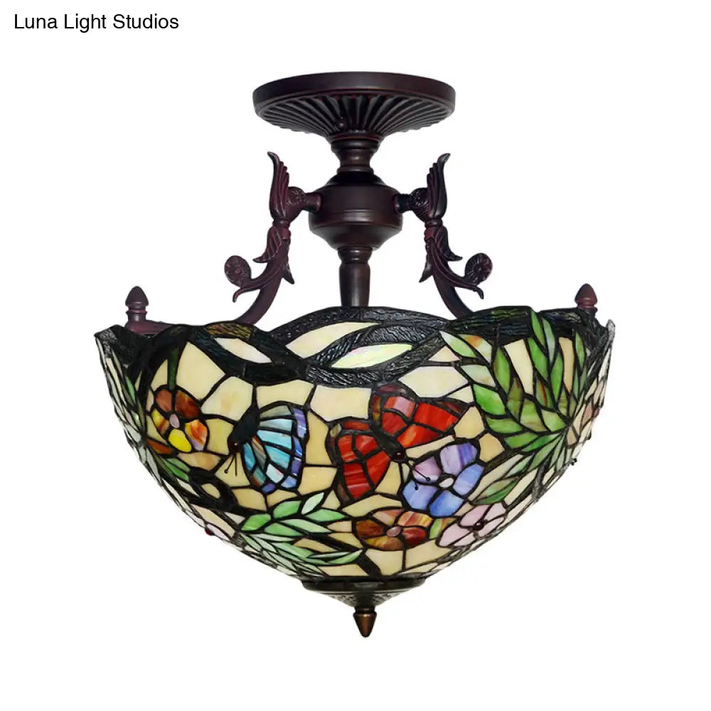 Bronze 3-Light Semi Flush Ceiling Light With Mediterranean Beige/Red/Yellow Glass Shade For Living