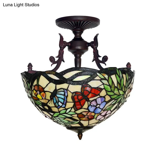 Bronze 3-Light Semi Flush Ceiling Light With Mediterranean Beige/Red/Yellow Glass Shade For Living