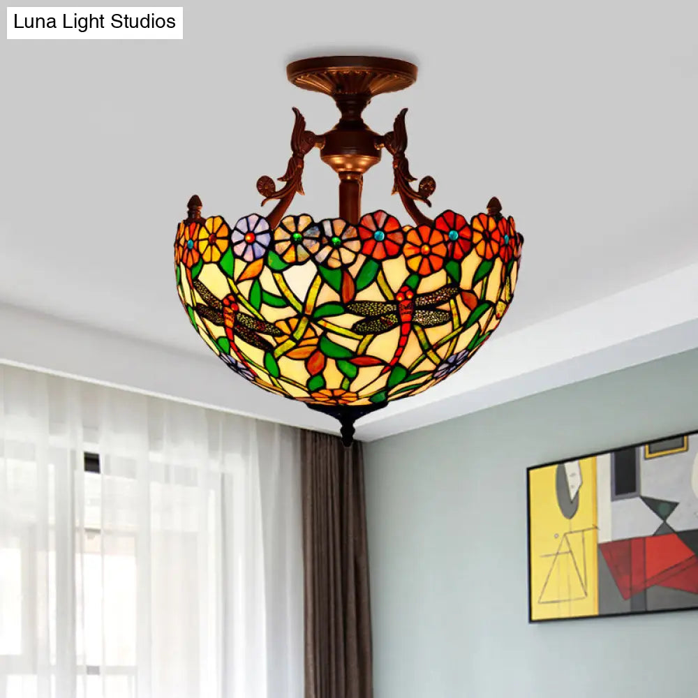 Bronze 3-Light Semi Flush Ceiling Light With Beige/Red/Yellow Mediterranean Glass Shade For Living