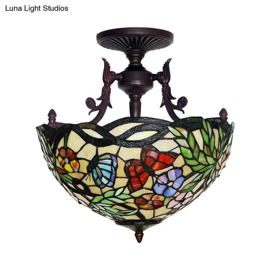 Bronze 3-Light Semi Flush Ceiling Light With Beige/Red/Yellow Mediterranean Glass Shade For Living