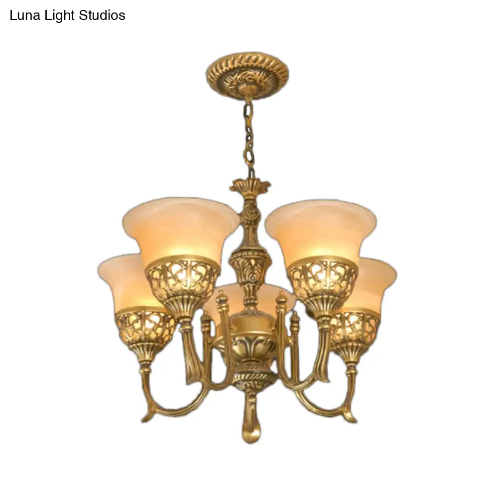 Bronze 5-Light Chandelier: Antiqued Style With Frosted Glass Shades