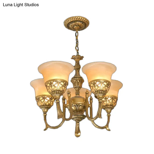 Bronze 5-Light Chandelier: Antiqued Style With Frosted Glass Shades