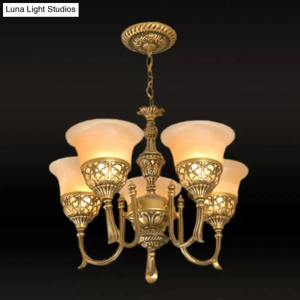 Bronze 5-Light Chandelier: Antiqued Style With Frosted Glass Shades