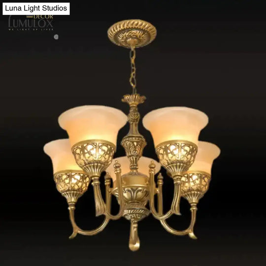 Bronze 5-Light Up Chandelier Antiqued Style Frosted Glass Flared Ceiling Hang Lamp