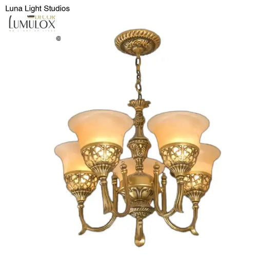 Bronze 5-Light Up Chandelier Antiqued Style Frosted Glass Flared Ceiling Hang Lamp