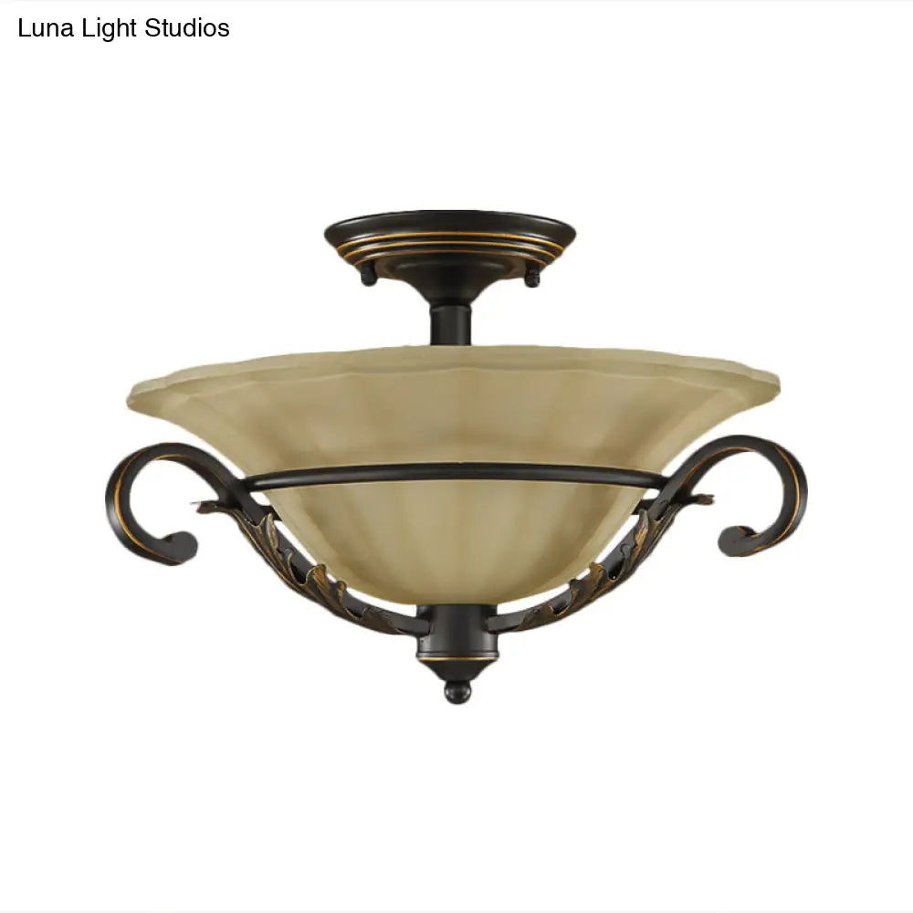 Bronze Bell Shaped Flush Lamp With Ribbed Opal Glass – 3 - Head Corridor Ceiling Light
