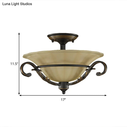 3-Light Countryside Bronze Flush Lamp With Ribbed Opal Glass For Corridors