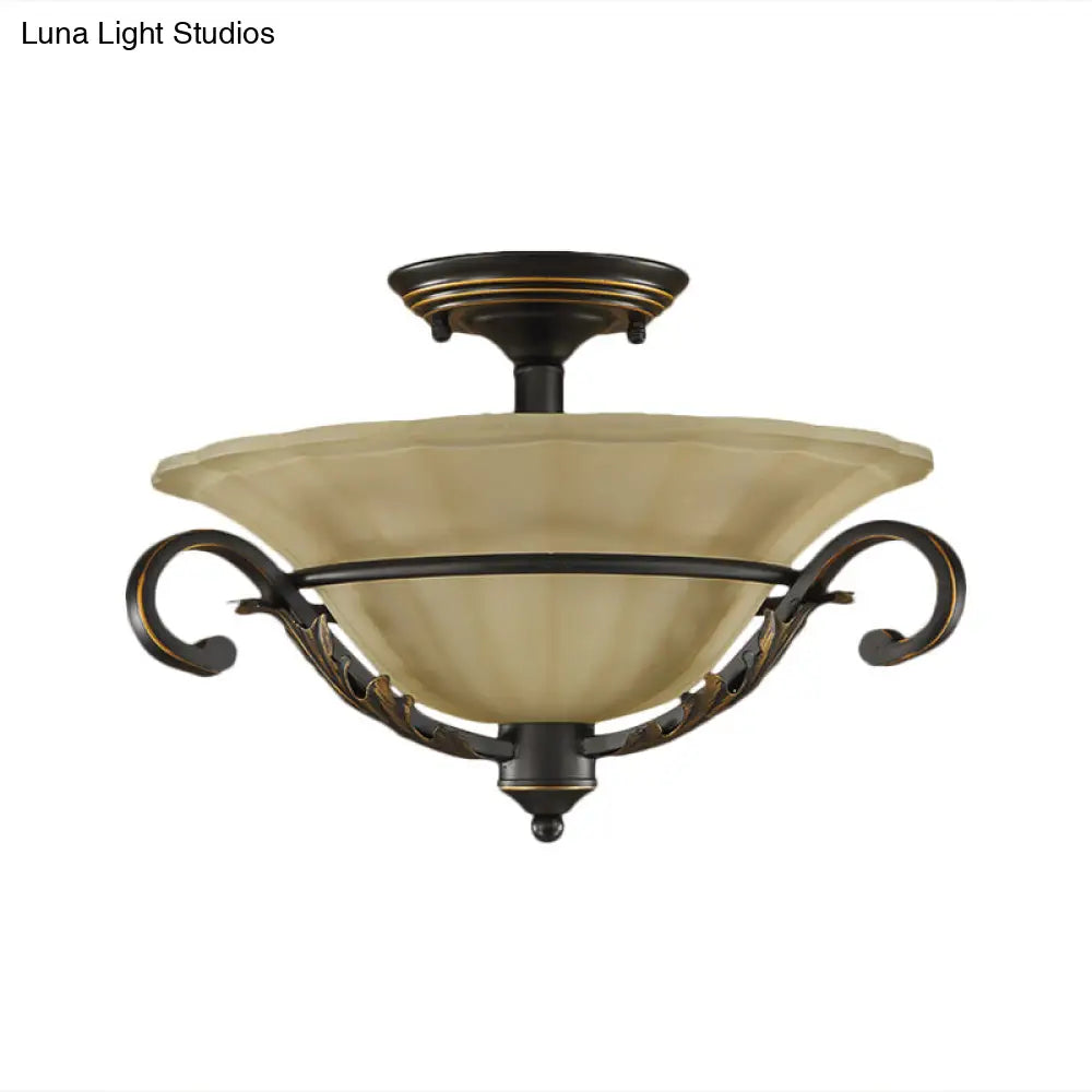 3-Light Countryside Bronze Flush Lamp With Ribbed Opal Glass For Corridors