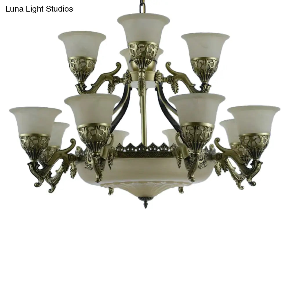 Traditional Opaline Glass Chandelier Light With Bronze Bell Up Design - 15 Bulbs Dining Room Pendant