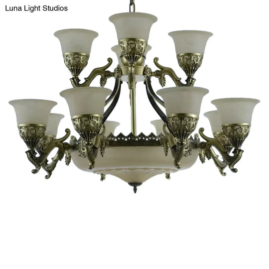 Traditional Opaline Glass Chandelier Light With Bronze Bell Up Design - 15 Bulbs Dining Room Pendant