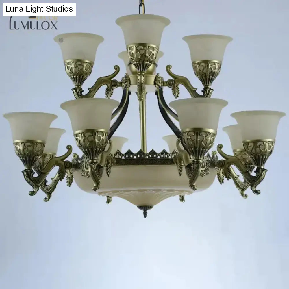 Bronze Bell Up Chandelier Light Traditional Opaline Glass 15 Bulbs Dining Room Pendant