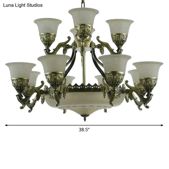 Traditional Opaline Glass Chandelier Light With Bronze Bell Up Design - 15 Bulbs Dining Room Pendant