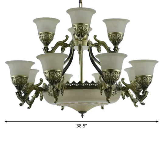 Bronze Bell Up Chandelier Light Traditional Opaline Glass 15 Bulbs Dining Room Pendant