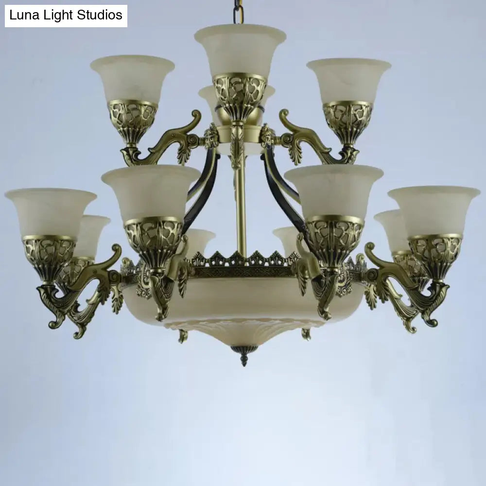 Traditional Opaline Glass Chandelier Light With Bronze Bell Up Design - 15 Bulbs Dining Room Pendant