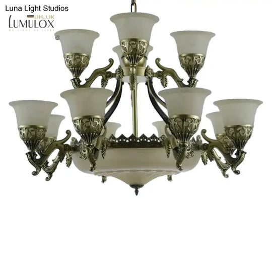 Bronze Bell Up Chandelier Light Traditional Opaline Glass 15 Bulbs Dining Room Pendant