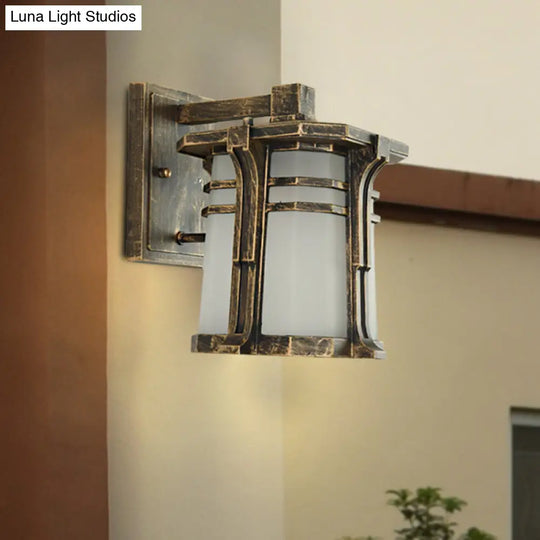 Bronze/Black Lantern Wall Light With Frosted Glass - Single Bulb Outdoor Fixture