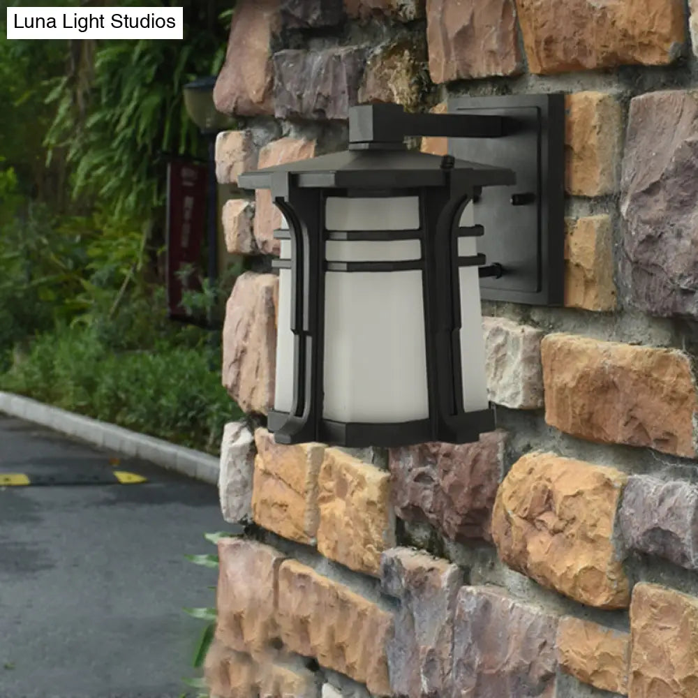 Bronze/Black Lantern Wall Light With Frosted Glass - Single Bulb Outdoor Fixture