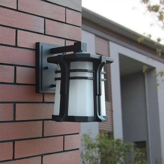 Bronze/Black Lantern Wall Light With Frosted Glass - Single Bulb Outdoor Fixture Black