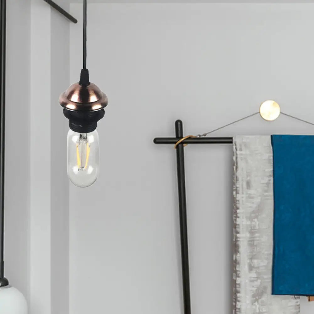 Bronze/Brass Industrial Mini Pendant Light With Adjustable Height - Bare Bulb 1-Light Metal Hanging