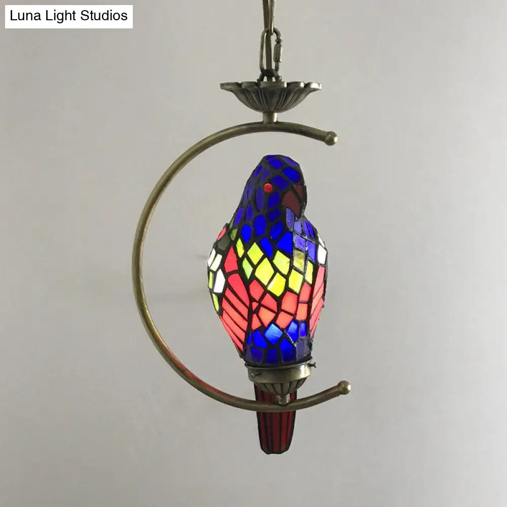 Bronze Pendant Light Kit With Baroque Metal C-Frame And Cut Glass Shade Dark Blue