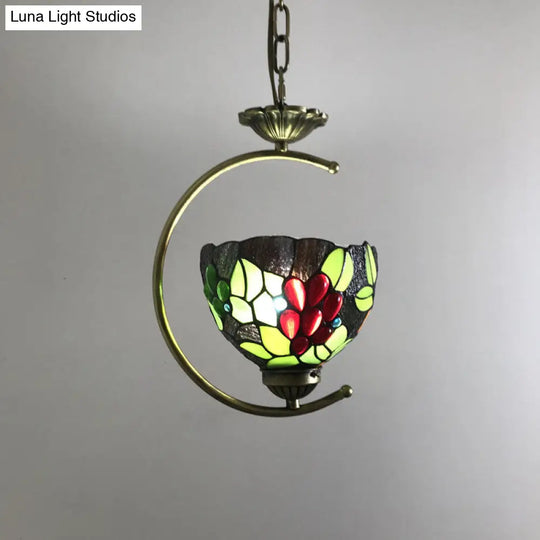 Bronze Pendant Light Kit With Baroque Metal C-Frame And Cut Glass Shade Burgundy