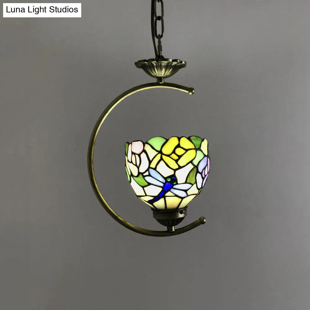 Bronze Pendant Light Kit With Baroque Metal C-Frame And Cut Glass Shade Yellow-Green