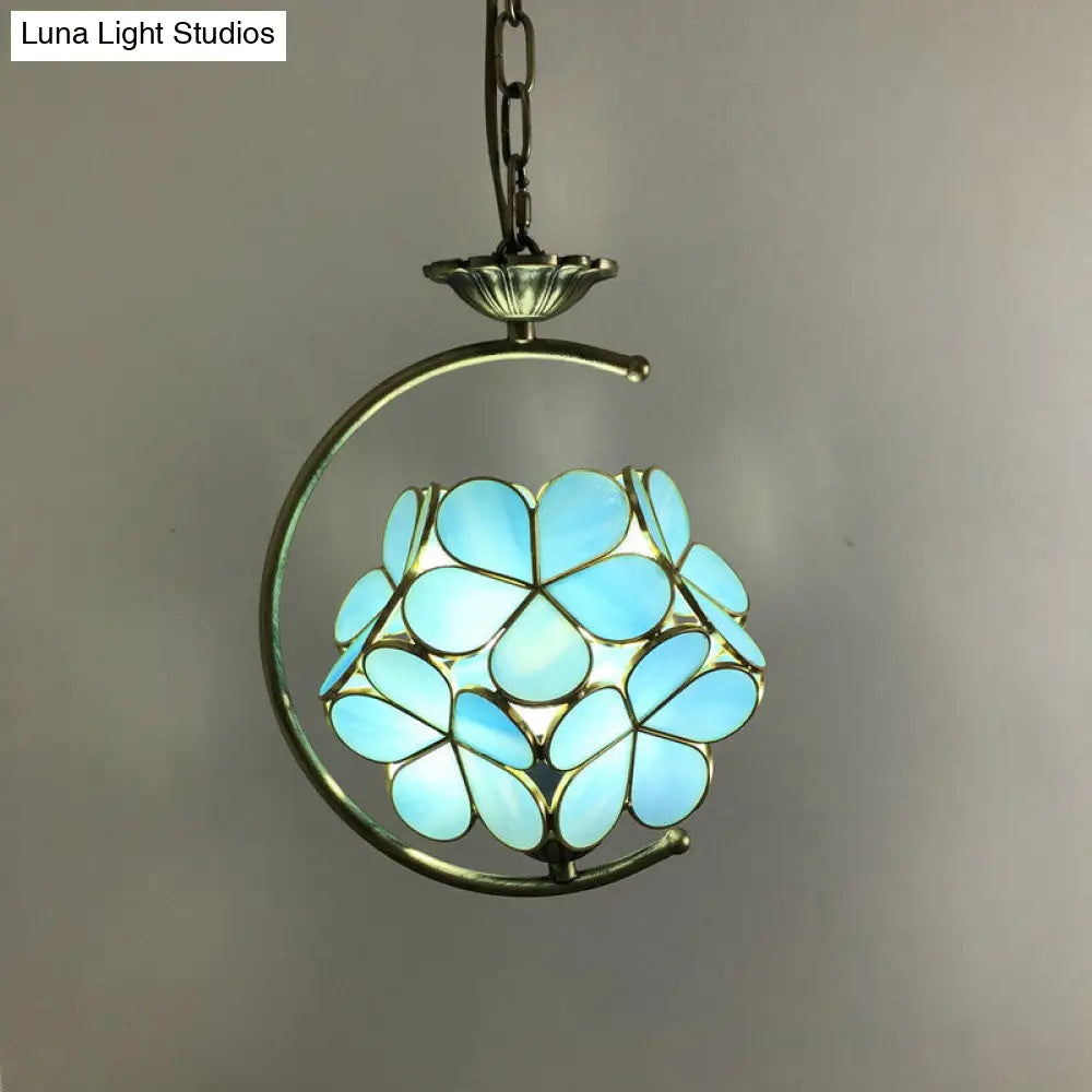 Bronze Pendant Light Kit With Baroque Metal C-Frame And Cut Glass Shade Sky Blue