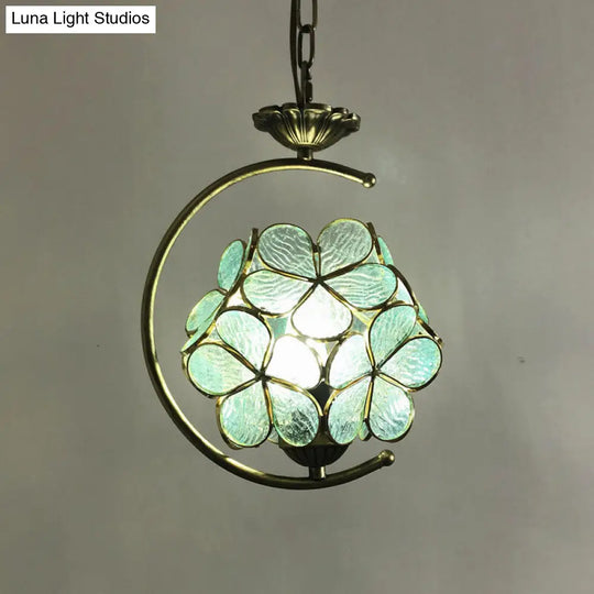 Bronze Pendant Light Kit With Baroque Metal C-Frame And Cut Glass Shade Green