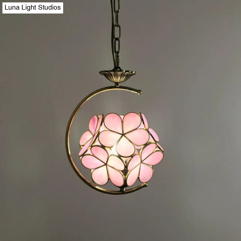 Bronze Pendant Light Kit With Baroque Metal C-Frame And Cut Glass Shade Pink