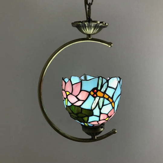 Bronze C-Frame Pendant Light With Geometric Cut Glass Shade Blue