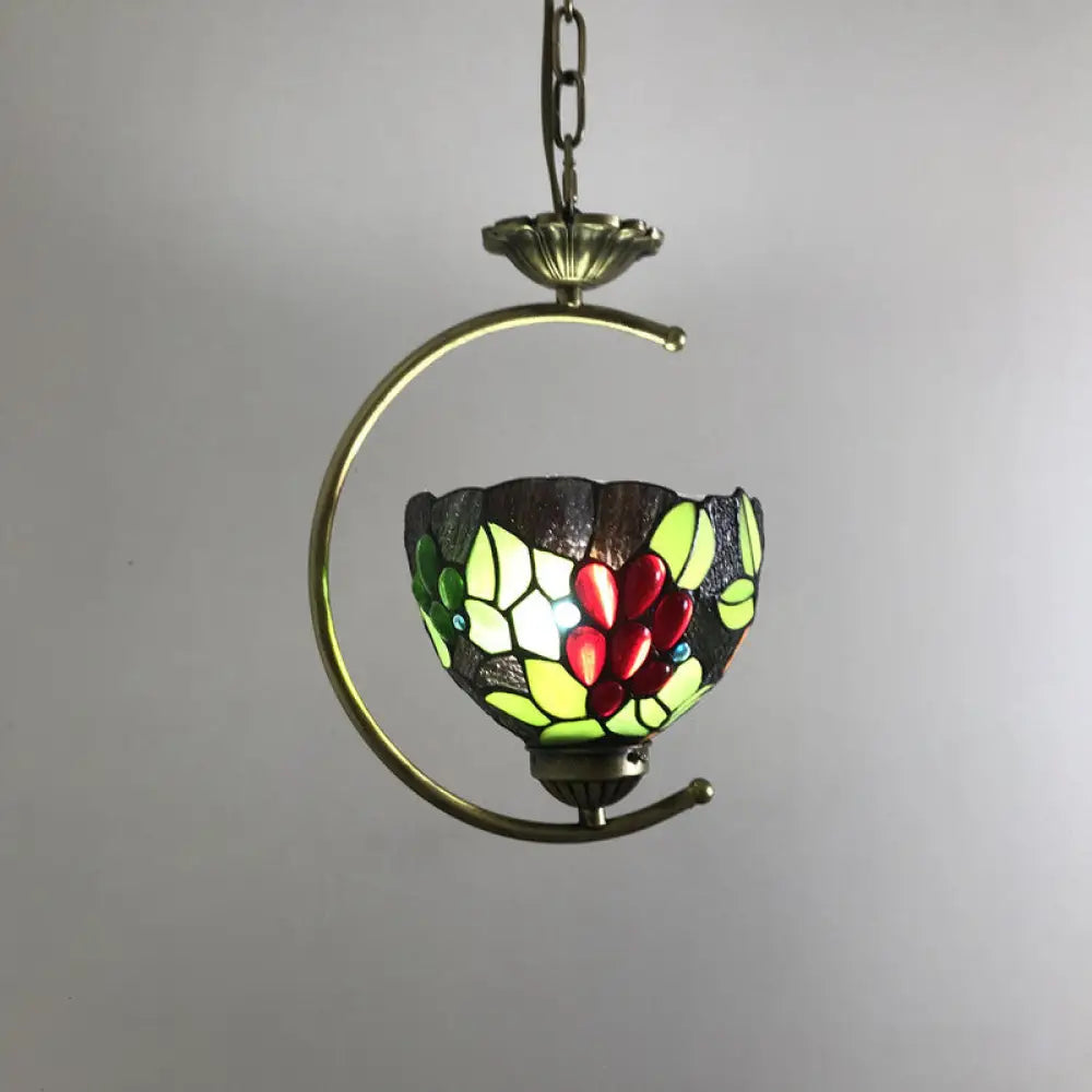 Bronze C-Frame Pendant Light With Geometric Cut Glass Shade Burgundy