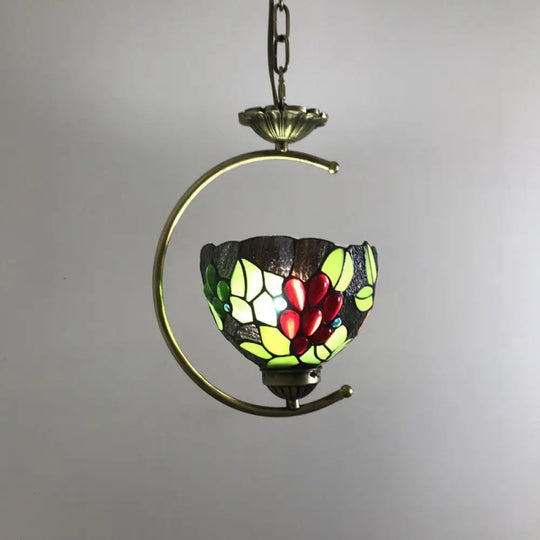 Bronze C-Frame Pendant Light With Geometric Cut Glass Shade Burgundy