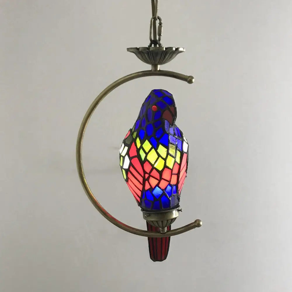 Bronze C-Frame Pendant Light With Geometric Cut Glass Shade Dark Blue