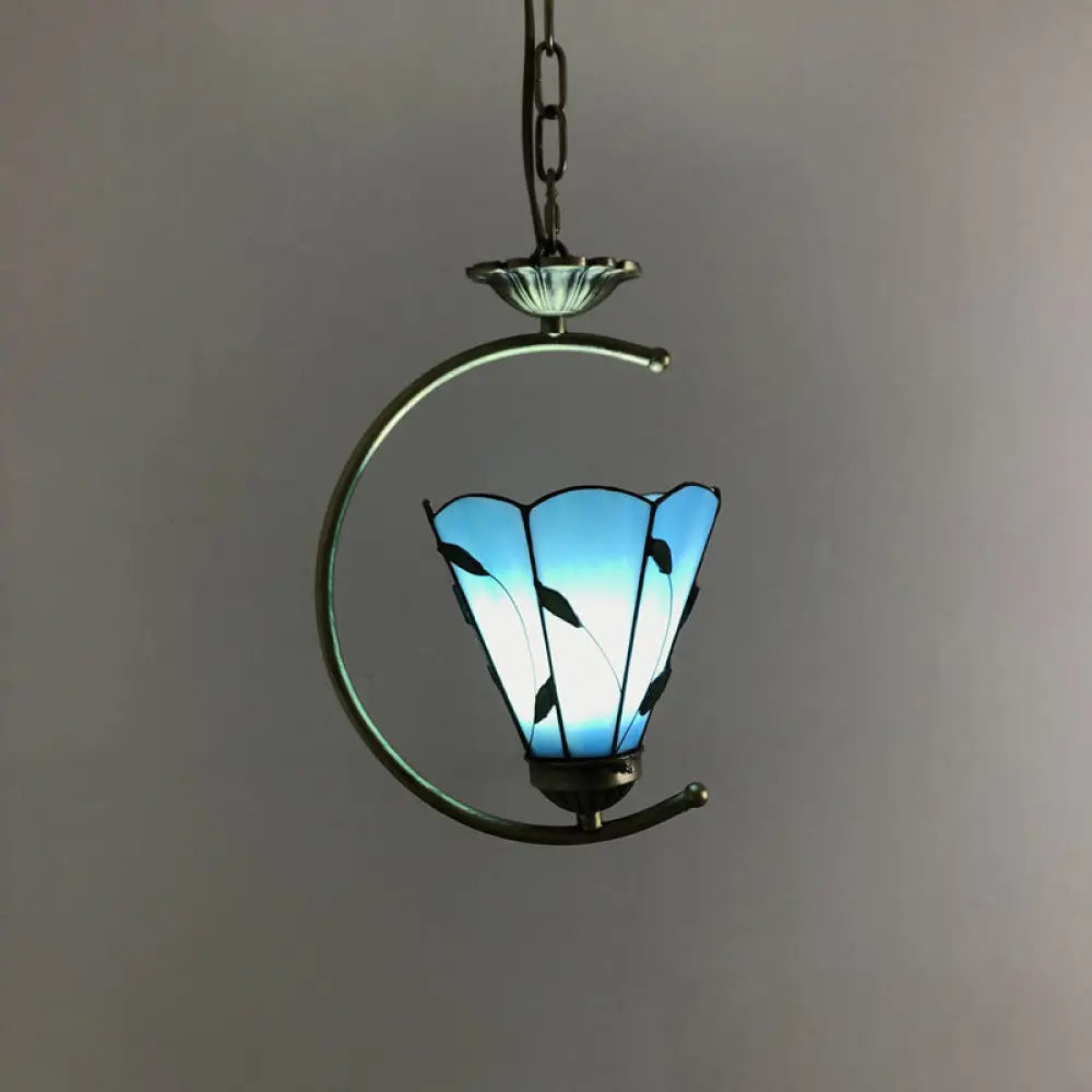 Bronze C-Frame Pendant Light With Geometric Cut Glass Shade Denim Blue