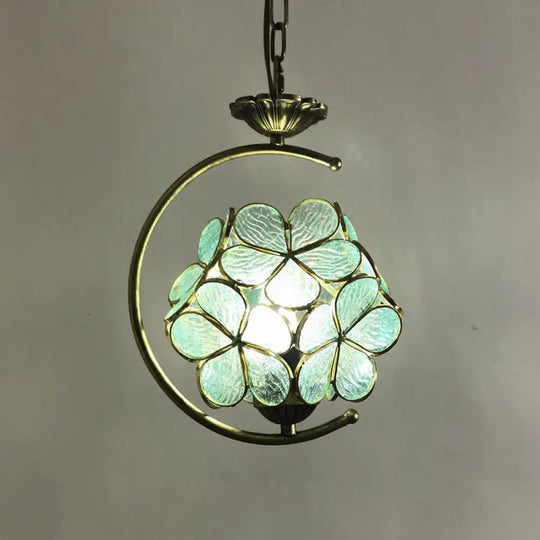 Bronze C-Frame Pendant Light With Geometric Cut Glass Shade Green