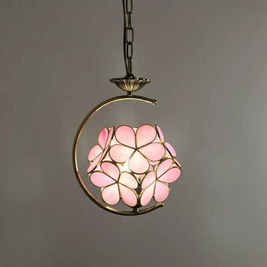 Bronze C-Frame Pendant Light With Geometric Cut Glass Shade Pink