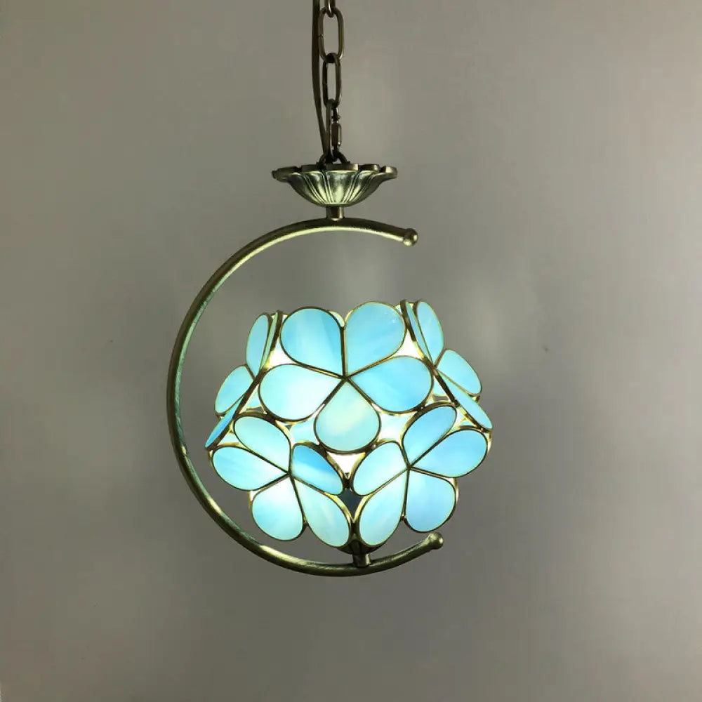 Bronze C-Frame Pendant Light With Geometric Cut Glass Shade Sky Blue