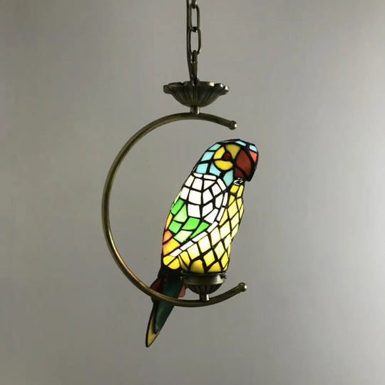 Bronze C-Frame Pendant Light With Geometric Cut Glass Shade Yellow