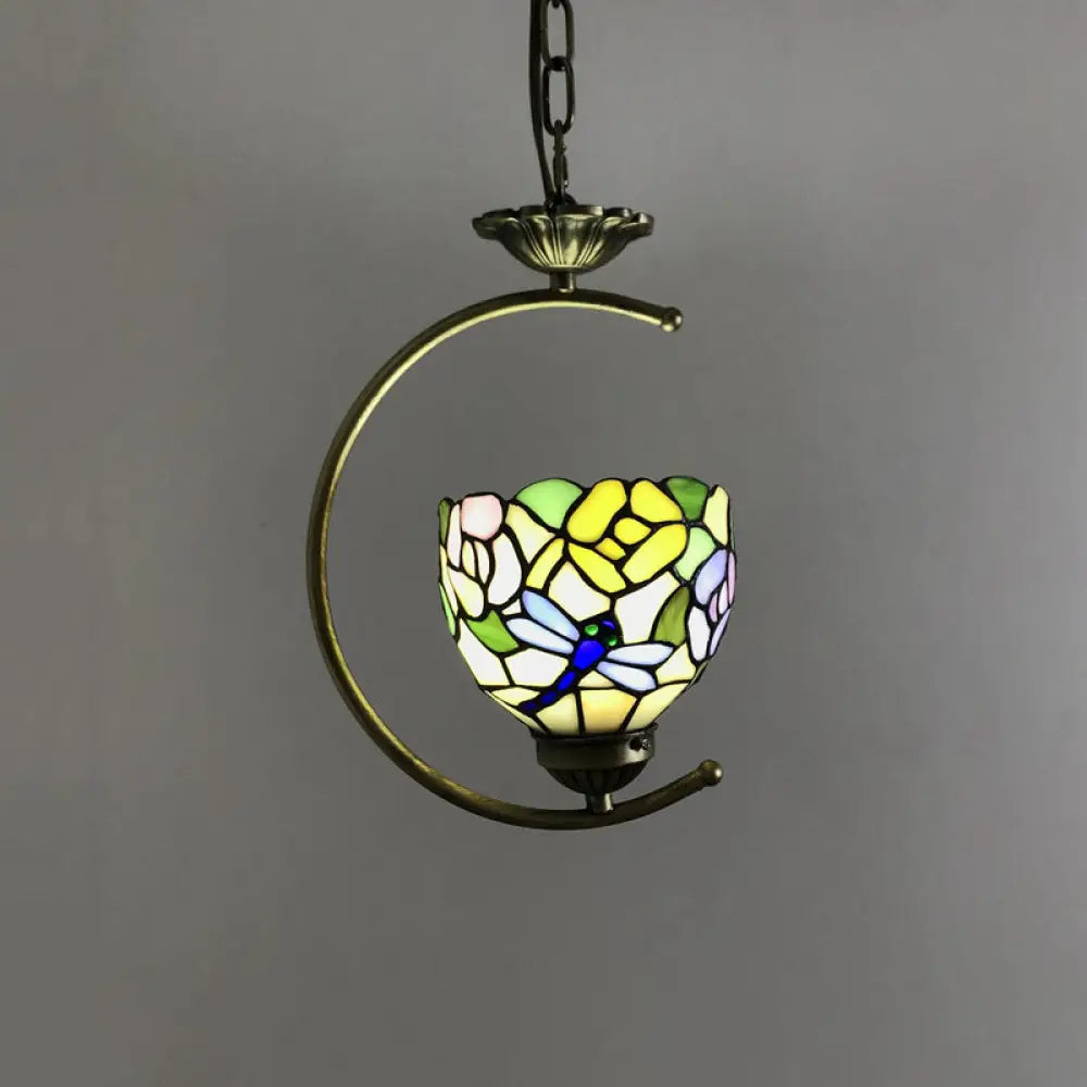 Bronze C-Frame Pendant Light With Geometric Cut Glass Shade Yellow-Green