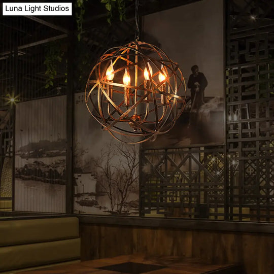 Restaurant Ceiling Chandelier: 4-Light Globe Cage Pendant In Factory Bronze Metal