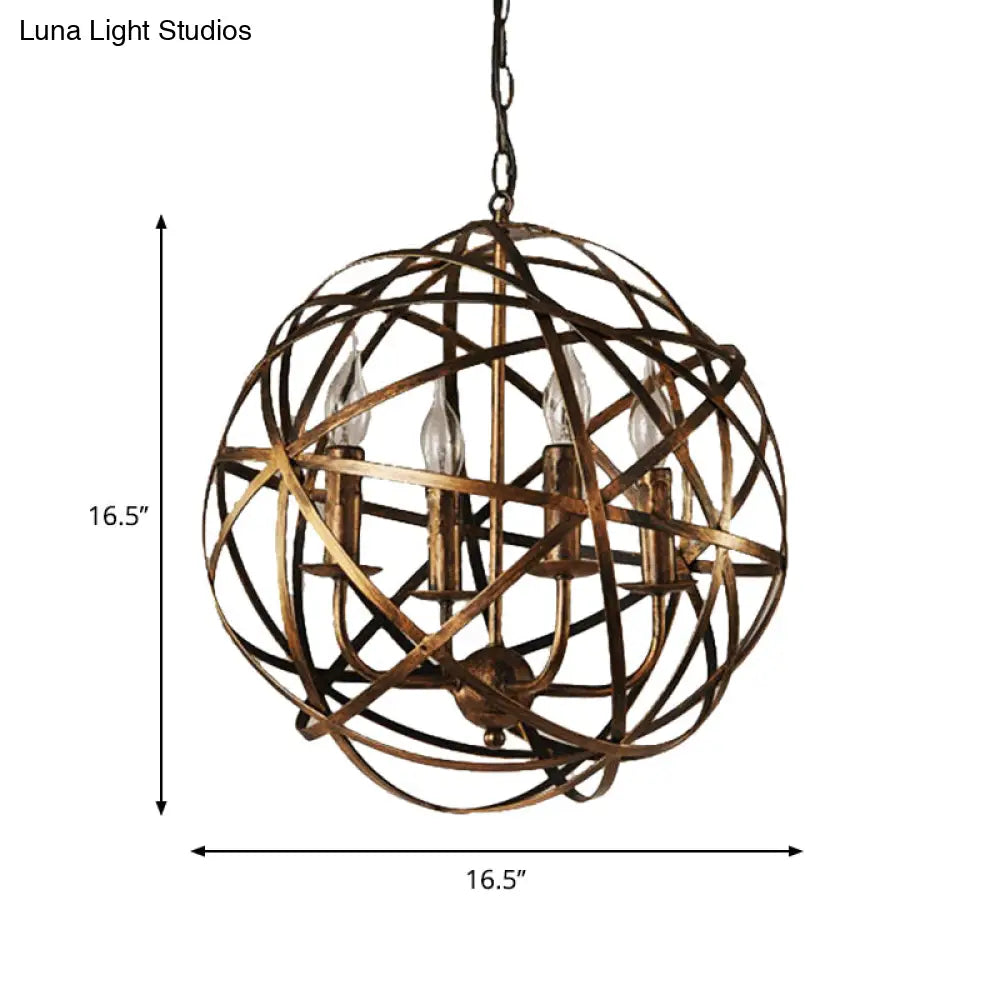 Bronze Cage Chandelier With 4 Globe Lights For Restaurant Ceiling