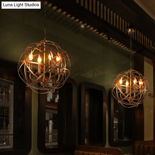 Restaurant Ceiling Chandelier: 4-Light Globe Cage Pendant In Factory Bronze Metal