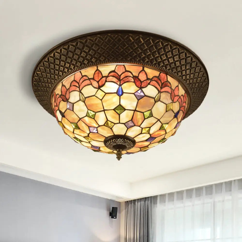 Bronze Cap Flush Mount Light With Tiffany Led Shell And Trellis Pattern / D