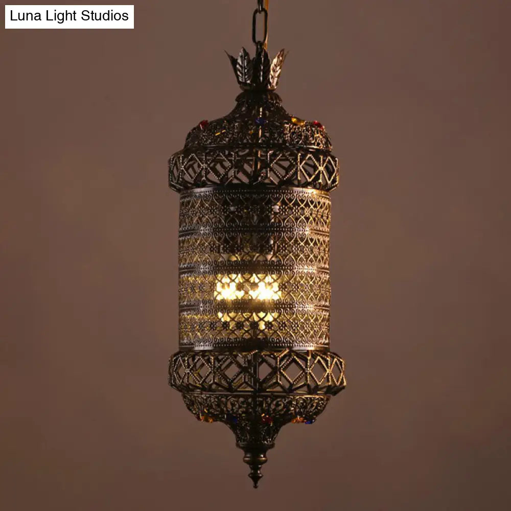 Bronze Carved Lantern Iron Suspension Pendant Ceiling Light With South-East Asian Influence - Ideal